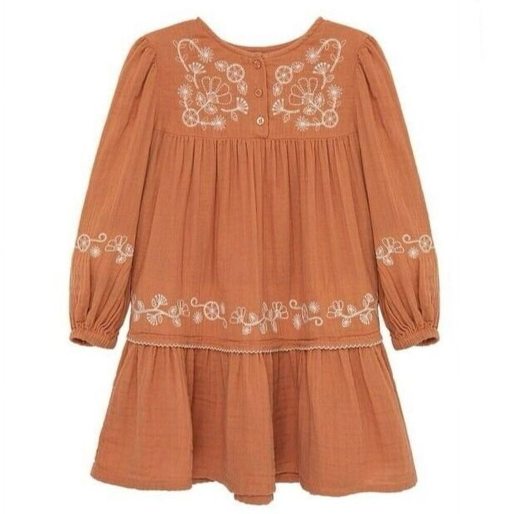 Peek Kids Outline Embroidered Floral Burnt Orange Dress 100% Cotton Size 10